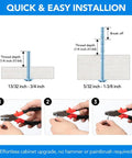 Installation guide for stainless steel cabinet handles with three inch hole spacing, showing screw length adjustments.