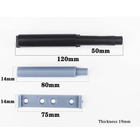 Dimensions of Magnetic Touch Cabinet Catch Set With Dampers For Soft Open Close 3 Piece Gray Kit, showing lengths and thickness
