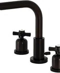 Oil Rubbed Bronze 8 Inch Widespread Bathroom Faucet With Pop Up Drain Solid Brass Construction Deck Mount Three Hole Installation 1.2 GPM Flow Matching Finish Drain Included Old School Art Deco Vibe