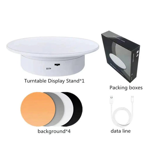 cexuw 360 Degree Electric Turntable For Small Product Display, showing white 7.87 inch turntable and four background colors.