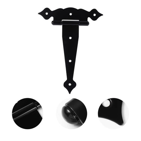 Heavy Duty Black T Shaped Door Hinges Decorative Flower Strap Design For Barn Doors And Outdoor Fences close-up view showcasing the hinge detail.