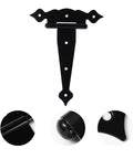 Heavy Duty Black T Shaped Decorative Barn Door Hinges Dang Tough Garden Shed Gate Strap Hardware With Weather Resistant Finish, close-up view.