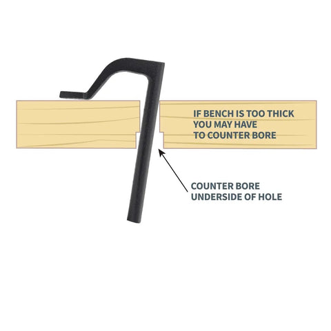 Diagram showing 8 Inch Bench Holdfast Clamps for Three-Quarter Inch Bench Dog Holes and MFT Tables with counterbore instructions.