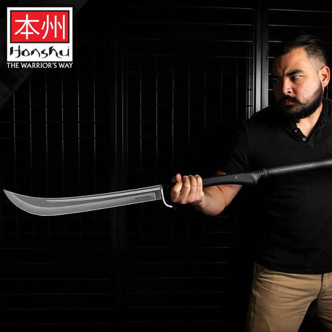 Person holding Naginata Japanese Polearm Sword With Sheath Satin Finished 18 Inch 7Cr13 Stainless Steel Blade