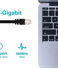 Cat6A Ethernet Patch Cable RJ45 Shielded STP with 550 MHz bandwidth next to a laptop, ideal for ultra-fast 10 Gigabit network