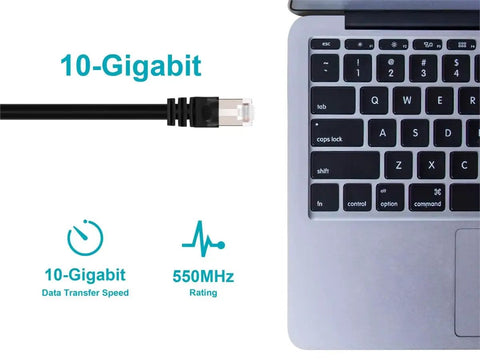 Cat6A Ethernet Patch Cable RJ45 Shielded STP with 550 MHz bandwidth next to a laptop, ideal for ultra-fast 10 Gigabit network