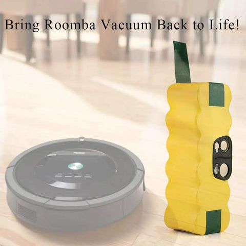 Roomba Replacement Battery 14.4V 4500mAh NiMH High Capacity Battery for Roomba 500-900 Series displayed beside Roomba device