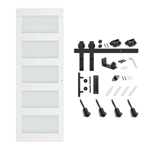 Glass Barn Door 28 x 84 In with 5 Ft Sliding Hardware Kit and Handle, pre-drilled, waterproof PVC coating, 5 panel frosted and clear glass.