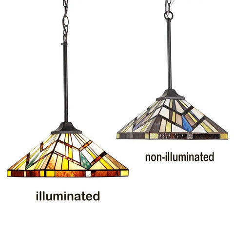 Tiffany Style Pendant Light 12 Inch Wide Amber Cream Stained Glass Shade With Adjustable Chain Hanging Lamp lit and unlit view