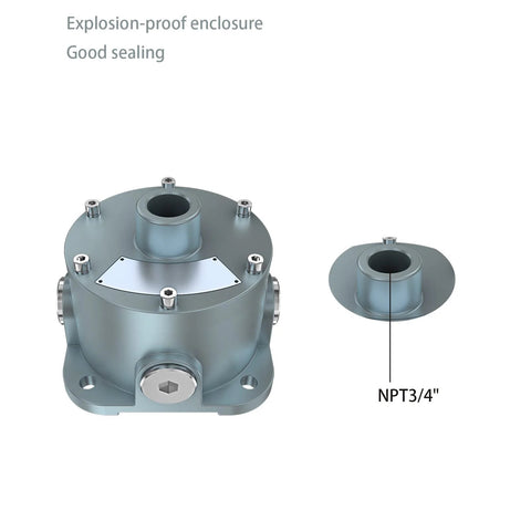 Sokply explosion-proof junction box, front view in metal with five openings and 3/4-inch NPT hub (close-up).