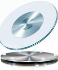 30 Inch Kitchen Tabletop Lazy Susan Turntable With Tempered Glass 360 Degree Swivel Serving Tray Aluminum Base shown elevated