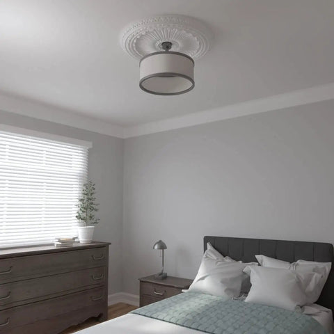 Bedroom ceiling with decorative ceiling medallion featuring Thirty Five And One Eighth Inch Outer Diameter And Four And Seven Eighth Inch Inner Opening
