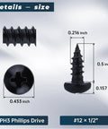 Pro Grade Phillips Pan Head Self Tapping Screws, Black Coated 304 Stainless Steel Tek Fasteners dimensions 0.5 inch length, #12 size.