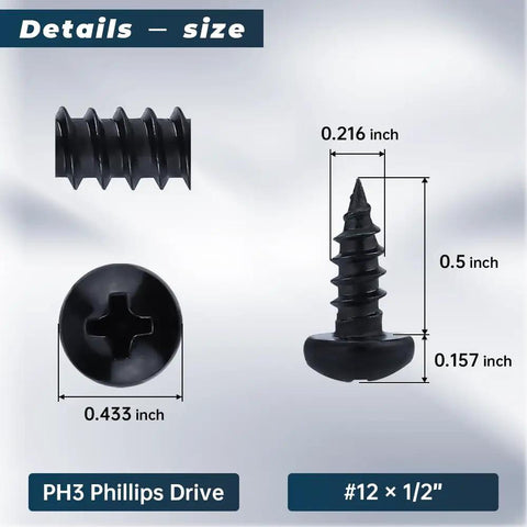 Pro Grade Phillips Pan Head Self Tapping Screws, Black Coated 304 Stainless Steel Tek Fasteners dimensions 0.5 inch length, #12 size.