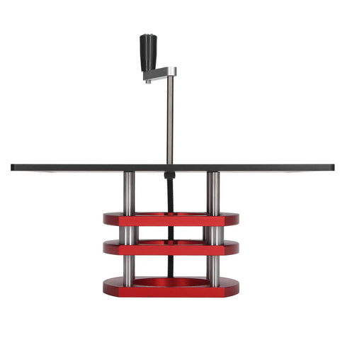 Rock Solid Router Base Crafted From Aluminum Alloy Manual Lifting System Kit For Router Table Saw Insert Plate with red accents.