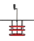 Top Tier Manual Router Lift Kit Featuring Quick Setup Router Table Mount And Secure Clamp Insert Base Plate For Hella Accurate Professional Woodworking Projects In Matte Black Finish, side view showing red clamp base and black surface.