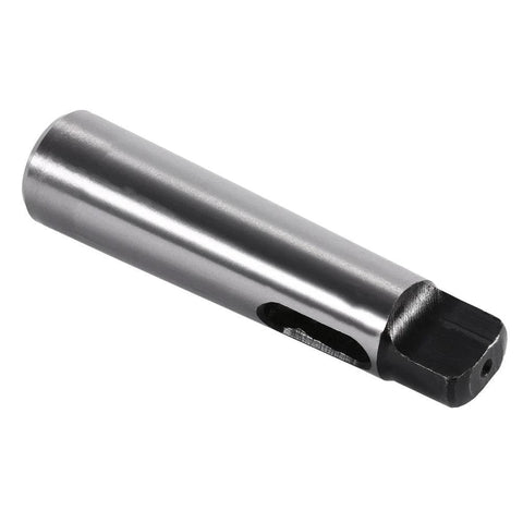 Morse taper drill sleeve adapter MT1–MT2; silver cylindrical metal body with black square drive end and side slot.
