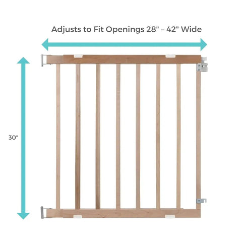 Adjustable Wooden Baby Gate For Stairs From 28 To 42 Inches Wide And 30 Inches Tall, Kid Friendly Safe Gate shown against white background