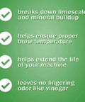 Descaling Kit For Keurig K Cup Coffee Makers Clean Out Coffee Oils And Residue benefits infographic with check marks