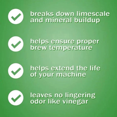 Descaling Kit For Keurig K Cup Coffee Makers Clean Out Coffee Oils And Residue benefits infographic with check marks