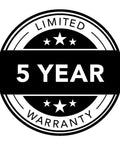 Black and white 5-Year Limited Warranty badge with stars and circular design