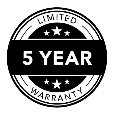 Black and white 5-Year Limited Warranty badge with stars and circular design