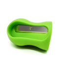 Green silicone‑handled spiral slicer with stainless steel blade, side view.