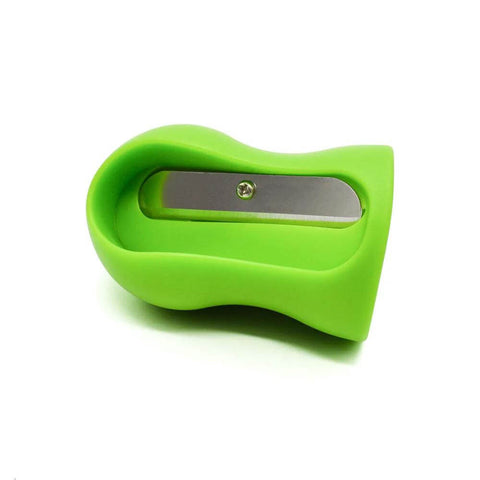 Green silicone‑handled spiral slicer with stainless steel blade, side view.