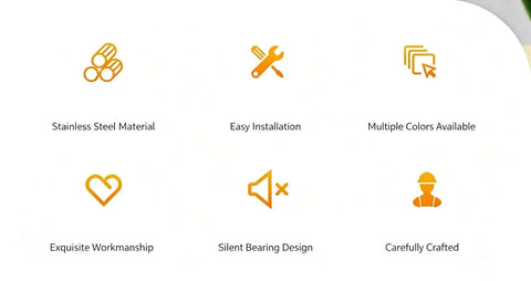 Icons highlighting features of 5 Inch Stainless Steel Swing Door Hinge With Silent Bearing For Interior Doors And Cabinets.