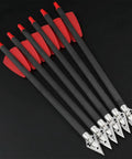 Set of eight inch carbon crossbow bolts with red vanes and steel broadhead tips for hunting and target practice