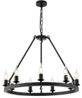 Wagon Wheel Chandelier 9 Light Black Metal Pendant for Dining Room and Kitchen Island Modern Farmhouse Lighting, round design with bulbs.