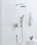 Shower Faucet System, 10-Inch Round Head, 5-Spray Handheld, Brushed Nickel installed on a modern bathroom wall.