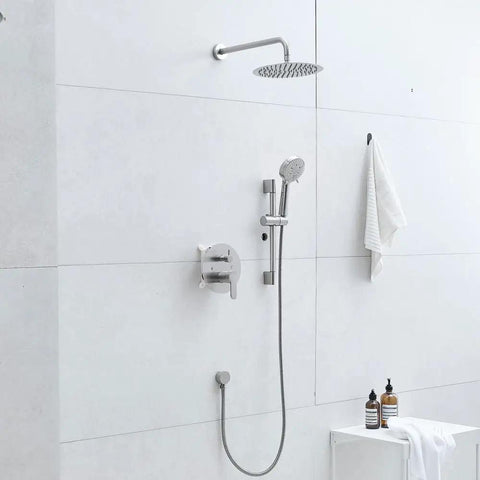 Shower Faucet System, 10-Inch Round Head, 5-Spray Handheld, Brushed Nickel installed on a modern bathroom wall.