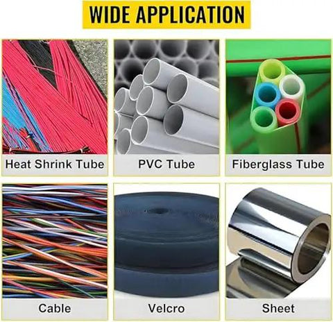 Image showing various materials including Heat Shrink Tube, PVC Tube, and Cable for Top Tier 250W Automatic Heat Shrink Tube Cutter.