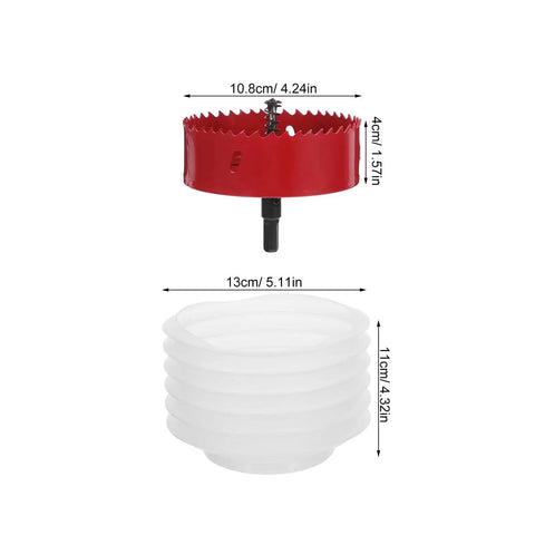 Bi Metal Hole Saw Kit With Drill Bit And Dust Collector Quick Release System 4 1 4 Inch shown with size dimensions