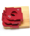 Heavy Duty Aluminum Radius Jig Router Templates Set Corner Routing Bit Circles with R5 and R25 templates on wood base.