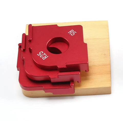 Heavy Duty Aluminum Radius Jig Router Templates Set Corner Routing Bit Circles with R5 and R25 templates on wood base.