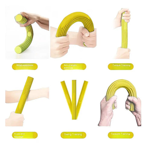 Wrist Strength Trainer Twist Bar For Real Grip Gains And Arm Power, yellow foam exercise bar shown in wrist and forearm grips