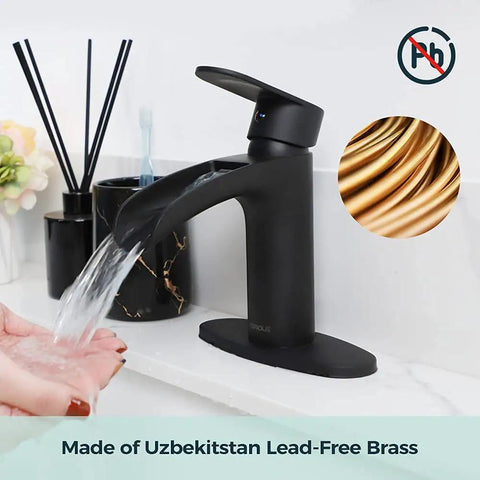 Black 6 Inch Corner Bathroom Sink Faucet With Waterfall Flow Single Hole Design Dope Look Metal Pop Up Drain Stopper Included