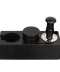 Top Notch Espresso Tamper Base With Distribution Tool For 51mm 53mm And 58mm Portafilters Barista Station Kit in black plastic material.