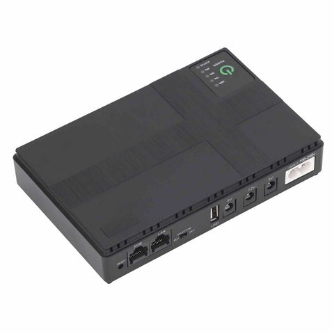Mini Ups Battery Backup With 10400Mah Keeps Routers Modems Cameras Running Flawlessly During Grid Outages Without Missing A Beat While Serving Up Serious Backup Power For Your Work From Home Rig Over Standard Us Wall Plugs, showing back view with ports.