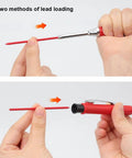 Hand inserting red pencil lead into holder, showing Four Boxes Of 36 Pcs 2B Graphite Carpenters Pencil Leads Refills 12cm Long For Woodworking Concrete Steel Tile DIY Construction White Pack Of Replacement Marking Leads loading method.