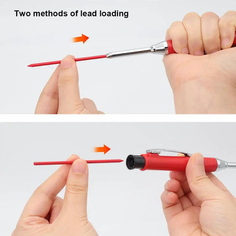 Hand inserting red pencil lead into holder, showing Four Boxes Of 36 Pcs 2B Graphite Carpenters Pencil Leads Refills 12cm Long For Woodworking Concrete Steel Tile DIY Construction White Pack Of Replacement Marking Leads loading method.