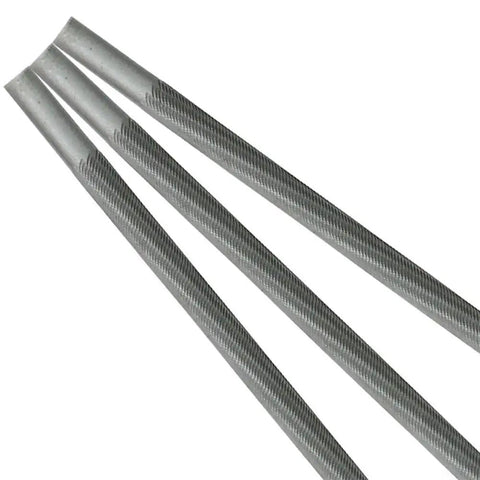 Close-up of three round chainsaw file kit for sharpening chains, includes 4mm, 4.8mm, and 5.5mm high carbon steel files
