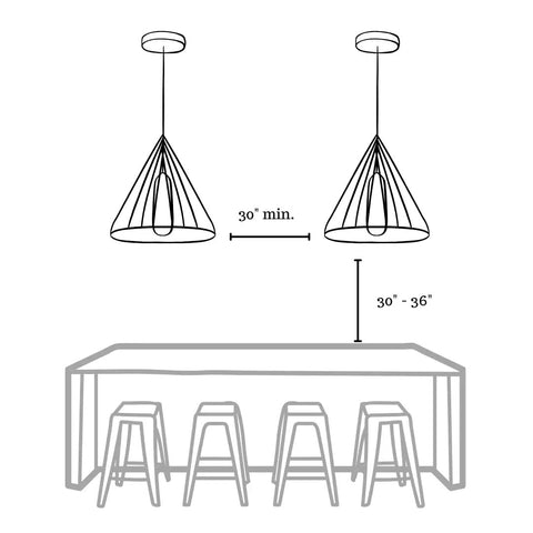 Diagram showing height and spacing for Sagamore Mini Pendant Ceiling Light In Earth Black With Brass Accents, 13x5 inches.