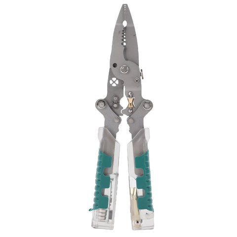 Aramox 10-In-1 Folding Wire Stripper Pliers Made Of Crv Steel For Awg 4 To 20 With Voltage Tester And Crimping Tool showing dual function design.