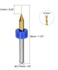 Close-up of 0.3mm titanium coated carbide micro twist bit, part of Ten Piece PCB Drill Bit Set with 1/8 inch shank.