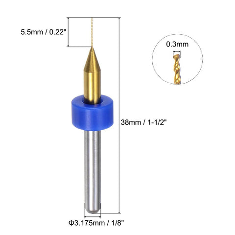 Close-up of 0.3mm titanium coated carbide micro twist bit, part of Ten Piece PCB Drill Bit Set with 1/8 inch shank.
