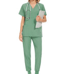 Green Womens Scrubs Set With Top And Jogger Pants Machine Washable Nurse Workwear For Spa Beauty Salons Medical Staff Vet Clinics