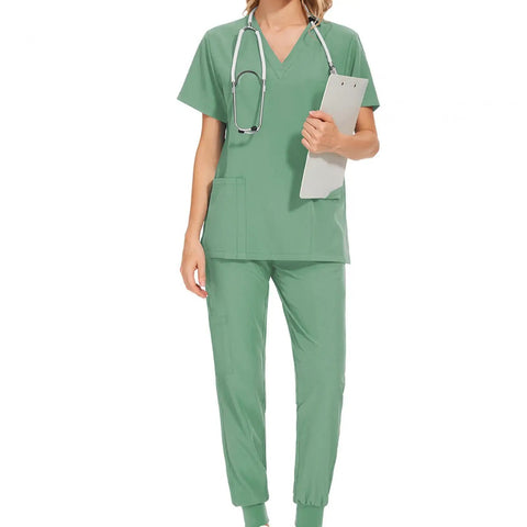 Green Womens Scrubs Set With Top And Jogger Pants Machine Washable Nurse Workwear For Spa Beauty Salons Medical Staff Vet Clinics